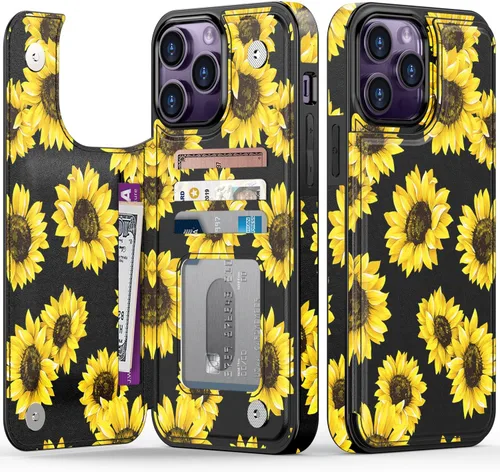 Vista 22 de LETO para iPhone 15 Pro Funda tipo cartera - Tapa tipo folio con patada - Diseños de moda - Tarjetero - Funda protectora para mujeres y niñas - 6.1