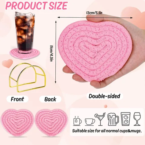 Vista 2 de Whaline Posavasos con forma de corazón, hechos a mano, trenzados, de algodón, absorbentes, con soporte, para graduación, boda, cumpleaños, baby