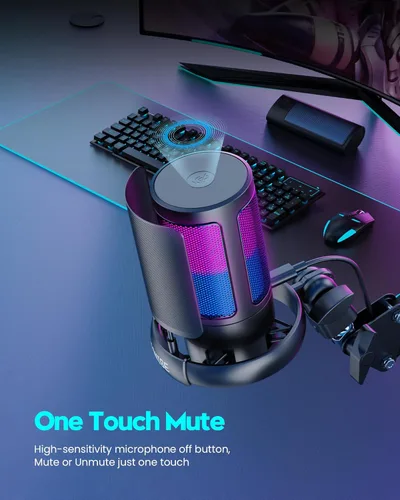 Vista 4 de Micrófono para juegos, micrófono USB para PC para podcasts, transmisión, micrófono de condensador con silencio rápido, soporte para trípode, filtro