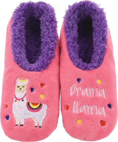 Snoozies - Calcetines tipo pantuflas combinables, pantuflas de casa para mujer, calcetines mullidos, diseños de animales, Drama Llama