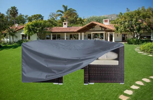 Vista 8 de Funda rectangular impermeable para mesa y silla de patio, color gris, 74 pulgadas de largo x 47 pulgadas de profundidad x 28 pulgadas de alto