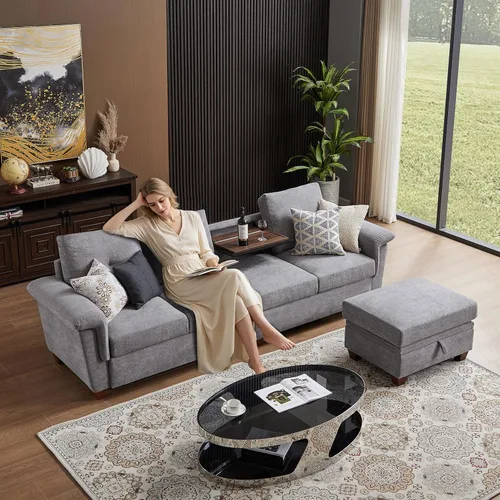 Vista 2 de Sofá Seccional de 108 pulgadas, Sofá Convertible en Forma de L con Otomana y Gran Almacenamiento, Sofá Seccional de 4 Asientos con Portavasos, Sofás