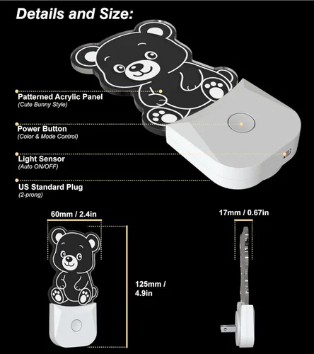 Vista 4 de Linda luz nocturna de oso (paquete de 2), enchufable, lámpara de noche LED RGB con sensor automático de atardecer a amanecer, 9