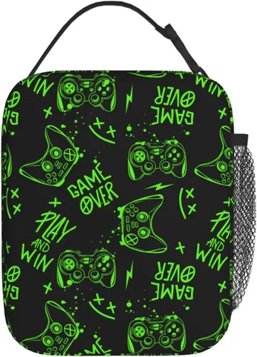 Vista 2 de Bolsa de almuerzo con joystick de juego verde, bolsa de almuerzo aislada, contenedor de comida para escuela, trabajo, picnic, viajes