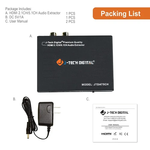 Vista 6 de J-Tech Digital Premium Quality 1080P HDMI a HDMI + Audio (SPDIF + RCA estéreo) Convertidor y extractor de audio (JTDAT5CH)