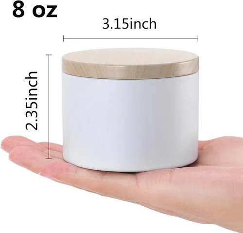 Vista 2 de 24 latas de velas blancas de 8 onzas con tapas de impresión de grano de madera de metal. Tarros de velas, latas de velas a granel para hacer velas