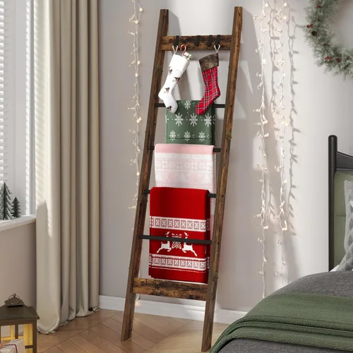 Vista 18 de Escalera para manta para sala de estar, estante decorativo para edredón con 4 ganchos extraíbles, 5 niveles de soporte de escalera de granja Blanco
