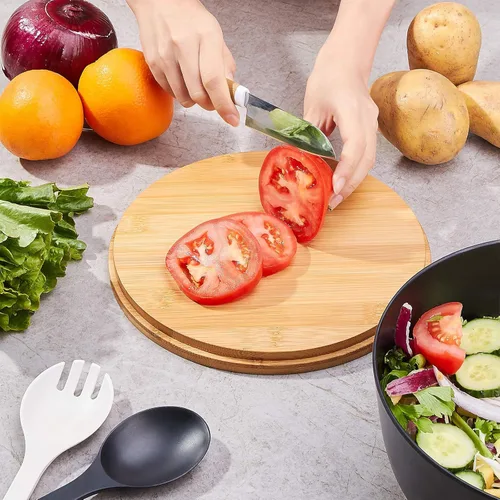 Vista 4 de Tazón grande de ensalada de 10 pulgadas con utensilios en la tapa, ensaladera de fibra de bambú con tapa, tazón de mezcla con servidores para pasta