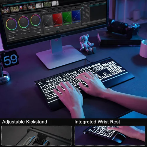 Vista 5 de Teclado de computadora retroiluminado de letras grandes, teclado retroiluminado de 7 colores con reposamuñecas, USB Plug-and-Play, teclas de letras