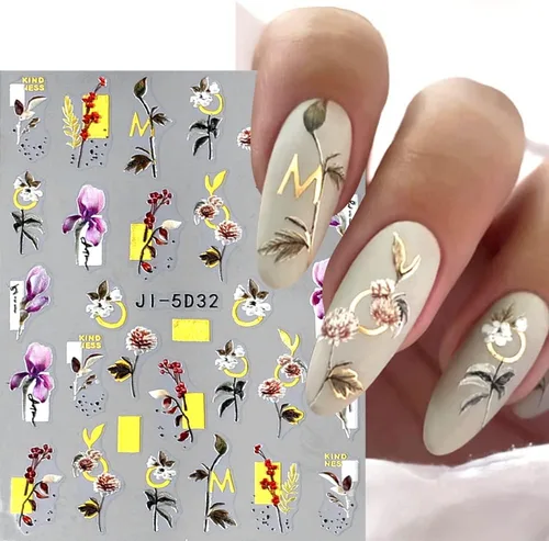 Vista 4 de Dornail Calcomanías de uñas bronceadas en relieve 5D, 3 hojas de flores de primavera, hierba, pájaro, calcomanías de arte de uñas, accesorios