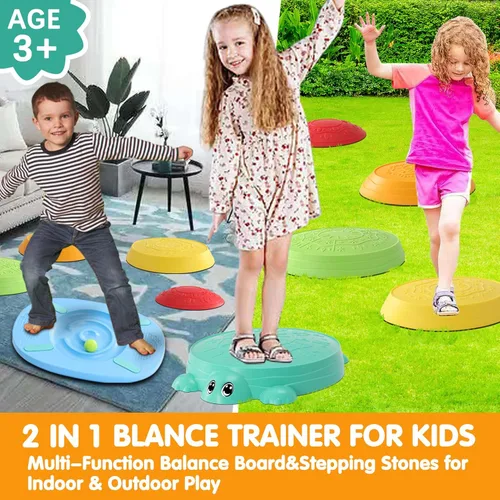 Vista 3 de HAPATOYS Tabla de Equilibrio y Piedras de Paso para Niños – 2 en 1 Piedras de Paso de Tortuga Antideslizantes y Tabla de Equilibrio para Equilibrio