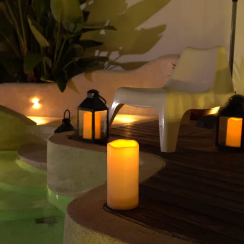 Vista 4 de 5plots Velas individuales sin llama impermeables para exteriores, de 4 x 8 pulgadas, velas LED parpadeantes que funcionan con pilas con control
