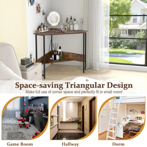 Vista 7 de COSTWAY Escritorio esquinero para computadora, con puertos USB y toma de corriente, estante de almacenamiento para espacios pequeños, escritorio