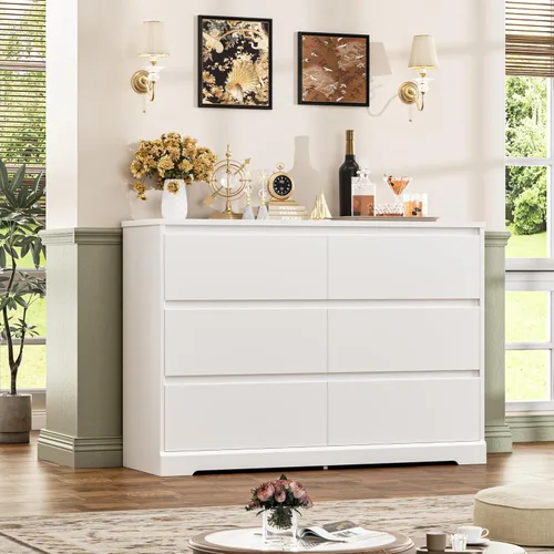 Vista 4 de FOTOSOK Cómoda blanca, Cómoda blanca de 47.2" de alto para dormitorio, cómoda de madera moderna con cajones profundos, cómoda con cajones para sala
