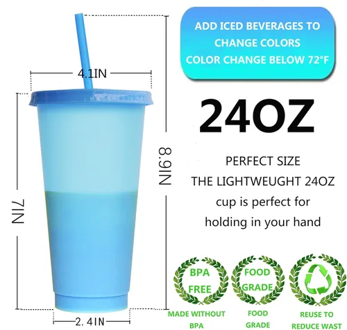 Vista 3 de Vasos que cambian de color, paquete de 5 vasos de plástico de 24 onzas, tazas reutilizables para café helado y batido con tapas y pajitas