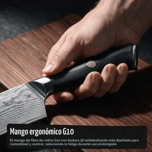 Vista 4 de Cuchillo de chef de Damasco de 8 pulgadas, cuchillo de cocina de acero inoxidable de alto carbono de 67 capas con mango ergonómico G10, funda
