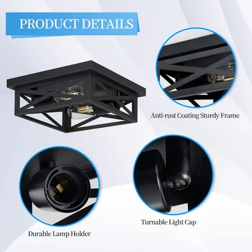 Vista 4 de SKEJAO Lámpara de techo de montaje empotrado negra, 2 luces cuadradas para pasillo, montaje de techo para granja, cocina, pasillo, dormitorio