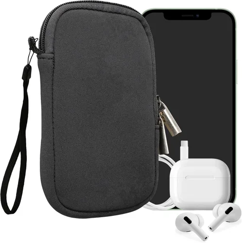 Vista 98 de kwmobile Bolsa de neopreno para teléfono tamaño XL - 6.7/6.8 pulgadas - Funda universal para celular con cremallera, correa para la muñeca, amarillo