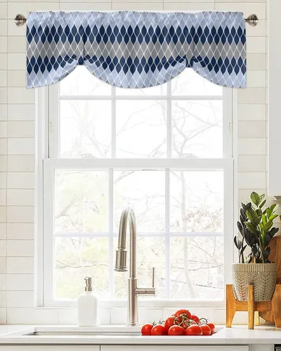Vista 4 de Cenefa de amarre para ventanas, cortinas de arte abstracto de mediados de siglo, cenefas con bolsillo para barra, tratamientos de ventana