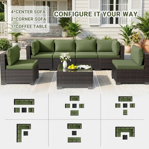 Vista 3 de LEVELEVE Juego de 7 muebles de patio al aire libre, juego seccional de conversación de ratán, sofá de mimbre de tejido manual con mesa de té