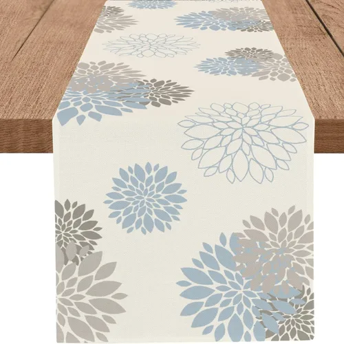 Vista 10 de Camino de mesa negro y gris con flores de dalia pinnata, beige, moderno, elegante, pompones, geométrico, decoración central para el hogar, cocina