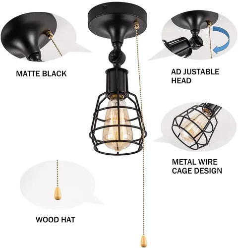 Vista 5 de Lámpara industrial de granja cerca de techo con cadena de tracción, 1 luz negra semiempotrada, lámpara de techo ajustable de jaula de metal