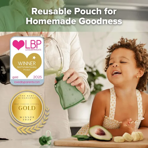 Vista 2 de haakaa Yummy Pouch - Bolsa reutilizable para alimentos para bebés, bolsas reutilizables para niños pequeños, bolsa exprimible, congelador lavable