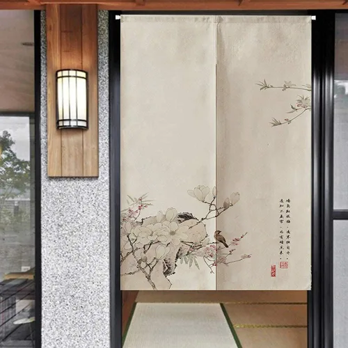 Vista 7 de Ofat Home Cortina japonesa Noren para puerta, tapiz de orquídea china y pájaro, cortinas opacas para puerta, panel de decoración de pared, beige