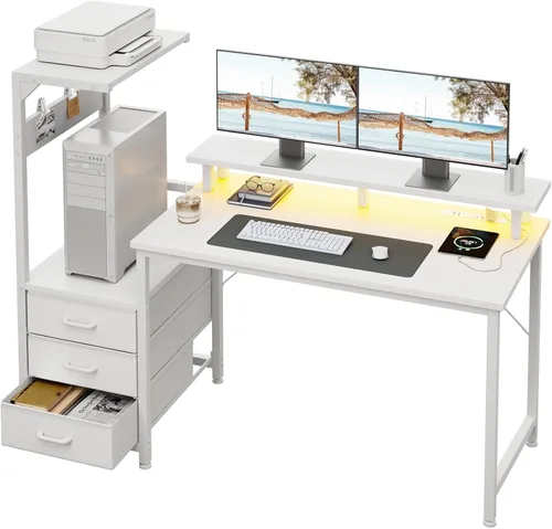 Vista 14 de AODK Escritorio para juegos de 52 pulgadas con puertos de carga USB y luz LED, escritorio reversible para computadora con estantes de almacenamiento