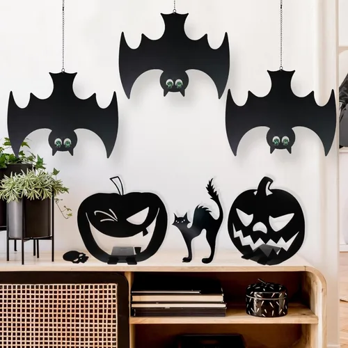 Vista 5 de Manortang Bats Hanging Halloween Decorations with Glowing Eyes 3pcs Spooky Stylish Décor for Fun Halloween