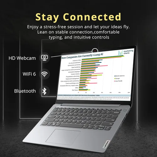 Vista 4 de Laptop Lenovo Ideapad 1i 2022 HD de 14 pulgadas, procesador Intel Celeron N4020, 4 GB de RAM, memoria flash eMMC de 64 GB, gráficos Intel HD 500