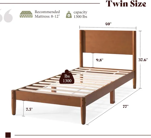Vista 2 de AMERLIFE Marco de cama individual de madera maciza, cama de plataforma moderna de mediados de siglo con cabecera de panel completo, patas