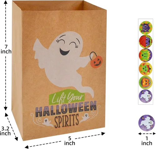 Vista 5 de JOYIN 24 bolsas de papel kraft de Halloween con diseños de personajes, bolsa de dulces de Halloween con bolsa de papel kraft y calcomanías, bolsas