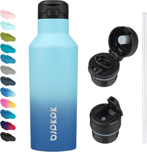 Vista 21 de BJPKPK Botella de agua aislada con pajilla, botellas de agua de acero inoxidable de 25 onzas con 2 tapas y asa de transporte, botella térmica