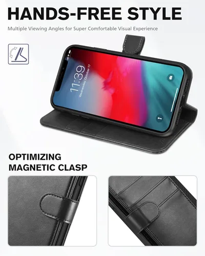 Vista 4 de TUCCH Funda tipo cartera para iPhone XR, función atril con bloqueo RFID, ranura para tarjetas de crédito, de piel sintética, con carga inalámbrica