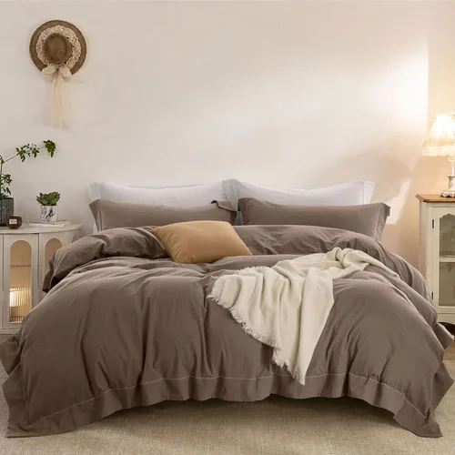 Vista 14 de Juego de funda de edredón de algodón lavado, dobladillo bordado, tamaño Queen, 3 piezas Textura transpirable y ligera de lino, ropa de cama suave
