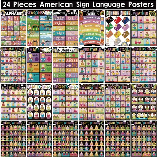 Vista 2 de YIYDONG 24 Pósteres ASL Pósteres de Lenguaje de Señas Americano para el Aula Gráficos Educativos ASL para Niños Pequeños Niños Estudiantes