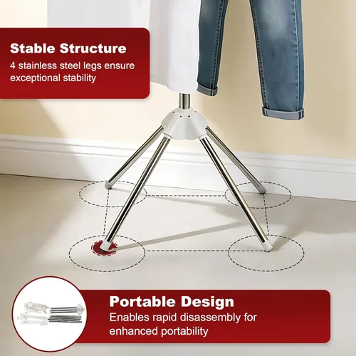 Vista 4 de Estante de secado de ropa, 68.9 pulgadas, 2 niveles, plegable, con 3 brazos giratorios para perchas y clips, de acero inoxidable, para ahorro