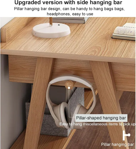 Vista 5 de Escritorio para computadora con 2 cajones y estantes, escritorio de oficina en casa con ganchos, escritorio de estudio de trabajo moderno