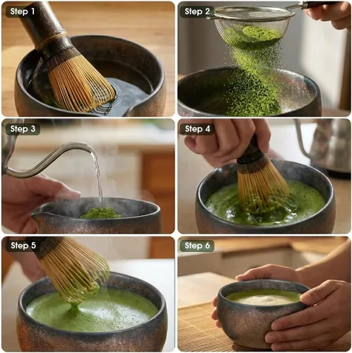 Vista 7 de Juego de batidor de matcha, kit de 5 piezas con cuenco de cerámica matcha, batidor de bambú, cuchara, juego completo de té Matcha perfecto