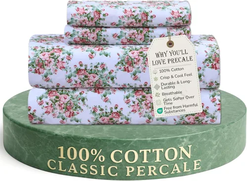 Vista 20 de Feather & Stitch - Juego de sábanas de 100 % algodón más suaves, ropa de cama de tejido percal de 300 hilos, bolsillo profundo de 16 pulgadas