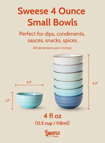 Vista 2 de Sweese Juego de 6 cuencos de porcelana de 4 onzas, mini cuencos para postre, aptos para microondas y lavavajillas, multicolor