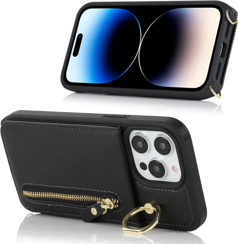 Vista 5 de Funda para iPhone 14 Pro Max con tarjetero para mujer, iPhone 14 Pro Max, funda para teléfono con correa y ranuras para tarjetas de crédito