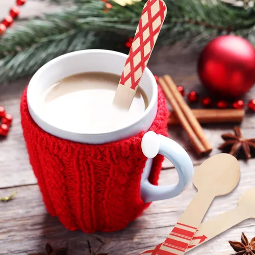 Vista 7 de Uiifan 120 cucharas de madera desechables de Navidad de 5.5 pulgadas, cucharas a rayas con rayas rojas, patrones de bastón de caramelo para degustar