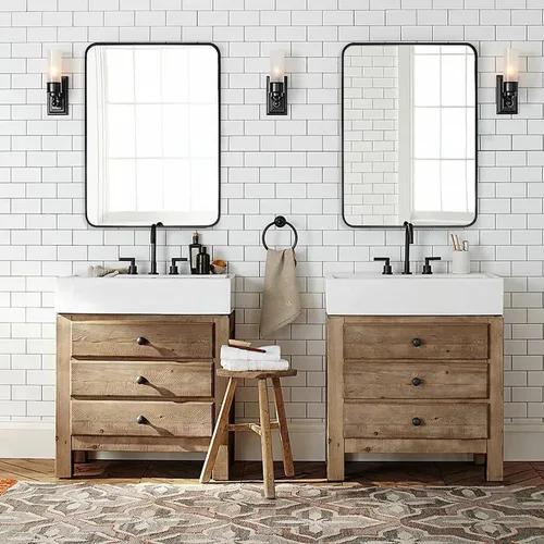 Vista 7 de Espejos de baño negros modernos para pared, 22 x 30 pulgadas, espejo rectangular con esquina redondeada, espejo negro de metal para colgar vertical