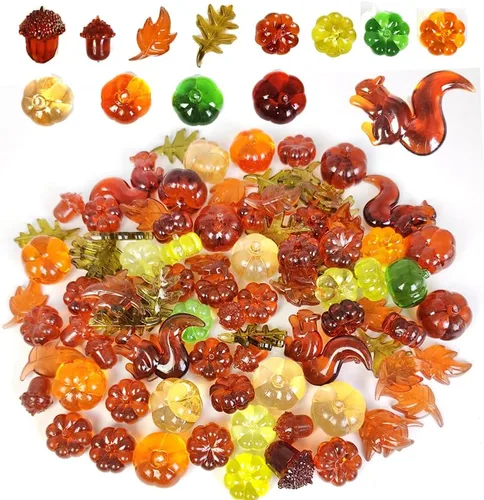 HappyFiller Relleno de jarrón decorativo de otoño, de acrílico, calabaza, ardilla, hojas de bellota, 7 estilos, 90 unidades para fiestas de mesa,