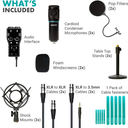 Vista 2 de Movo Kit de grabación de podcast para teléfonos inteligentes, paquete de 2 micrófonos de condensador, 2 soportes de micrófono de escritorio, 2