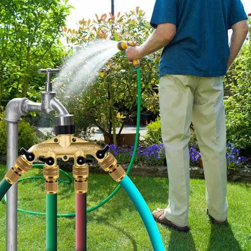 Vista 5 de Dalmbox Divisor de manguera de jardín de 4 vías, divisor de manguera de agua, divisor de manguera de jardín de latón resistente de 3/4 pulgadas