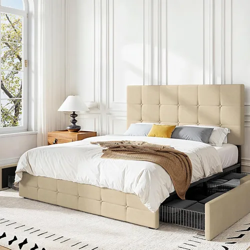 Vista 34 de HOOMIC Base de cama de almacenamiento de plataforma de tamaño matrimonial con 4 cajones y cabecera ajustable, listones de madera, no necesita