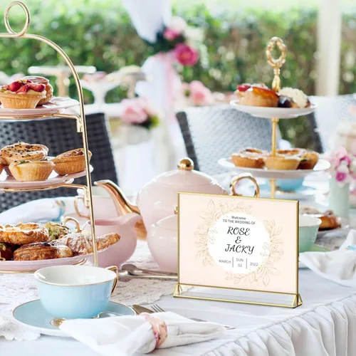 Vista 4 de NIUBEE Paquete de 6 soportes horizontales de acrílico transparente de 7 x 5 con bordes dorados, soportes de mesa de menú de doble cara para números